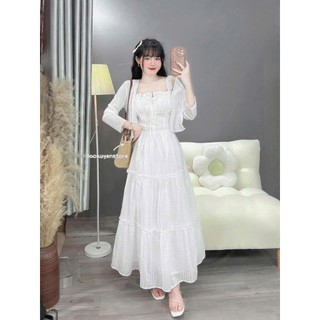 Đầm  nữ cực xinh chất xô hột 2 dây có mút váy dài dáng xòekefm khoác thun giấy dài tay mặc đi chơi đi dạo đều xinh