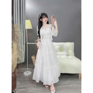 Đầm  nữ cực xinh chất xô hột 2 dây có mút váy dài dáng xòekefm khoác thun giấy dài tay mặc đi chơi đi dạo đều xinh