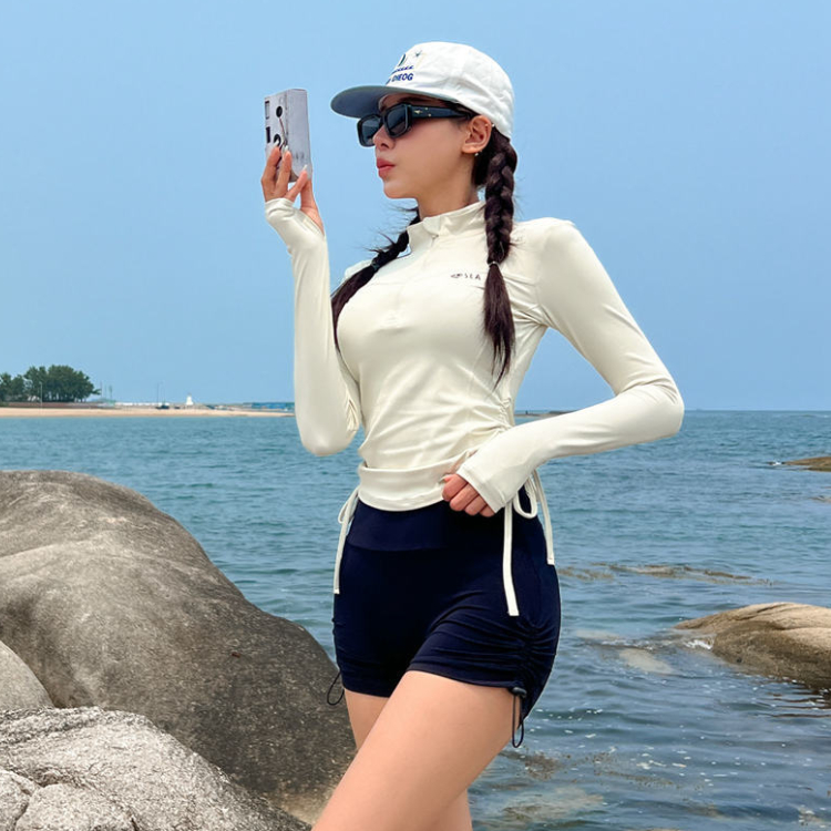 Ảnh Đồ bơi nữ 2 mảnh áo quần đi biển dáng short đùi tay dài chống nắng kín cổ khoá kéo che nắng 3097 D5T3 1
