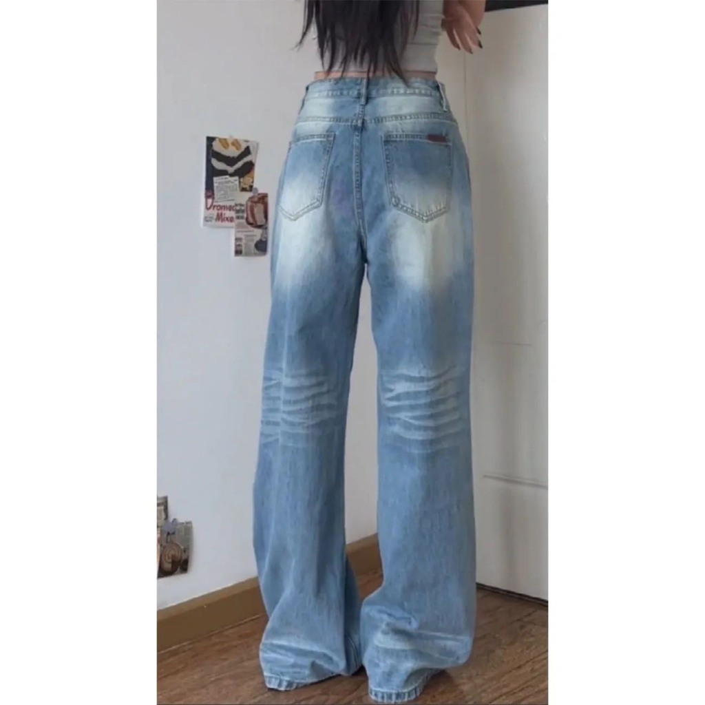(sẵn)Quần jean xanh nhạt wash trắng dáng rộng vừa cơ bản QJCT015  - Tiktik