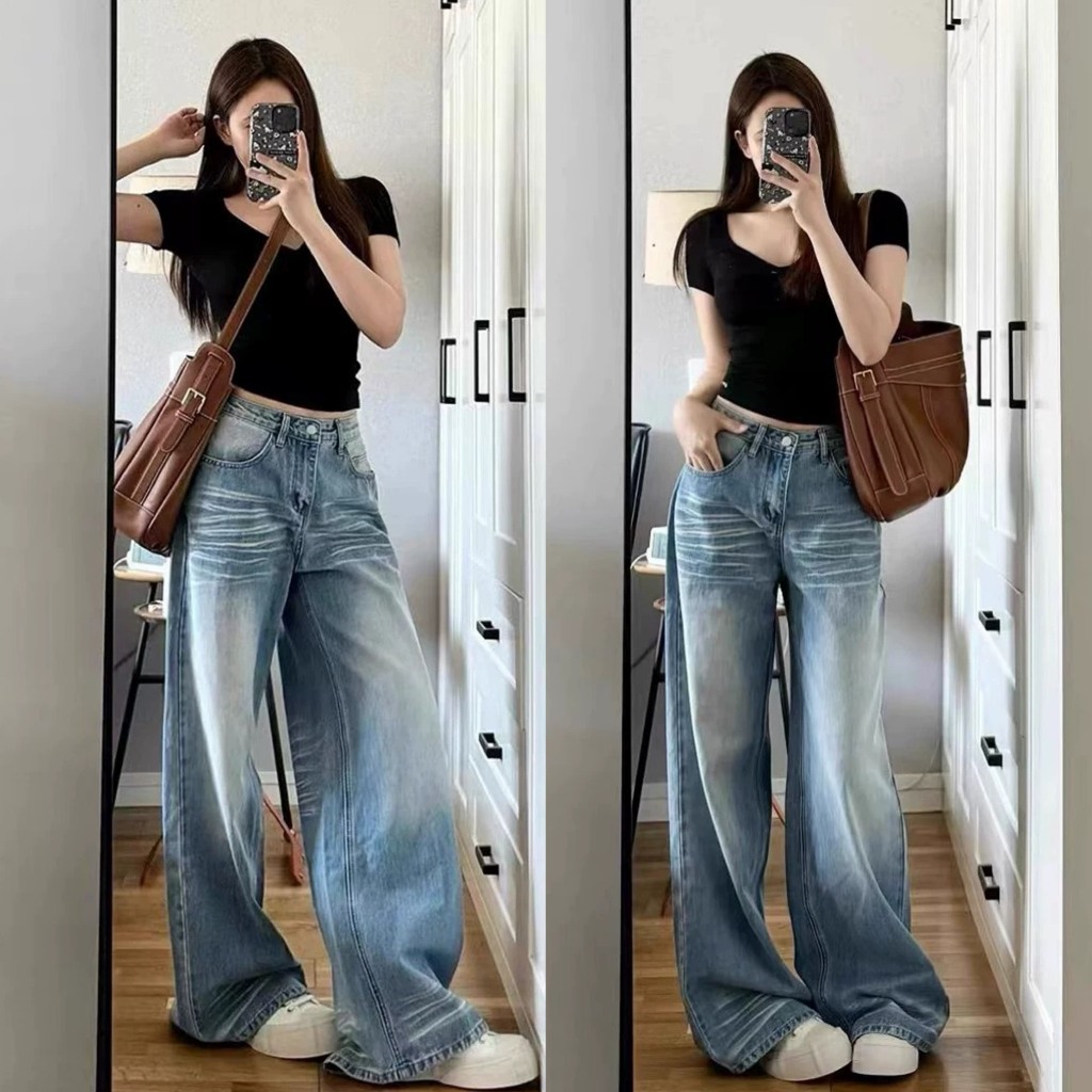 (sẵn)Quần jean xanh nhạt wash trắng dáng rộng vừa cơ bản QJCT015  - Tiktik