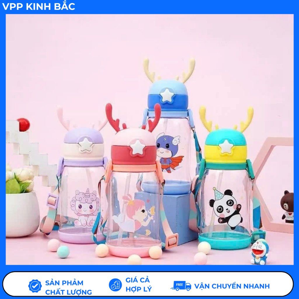 Bình Sừng Hươu Tuần Lộc Cho Bé Dung Tích 600ml, Bình Nước Đi Học Cute Cho Bé Trai Và Bé Gái,Làm Bình Pha Sữa Cho Bé.
