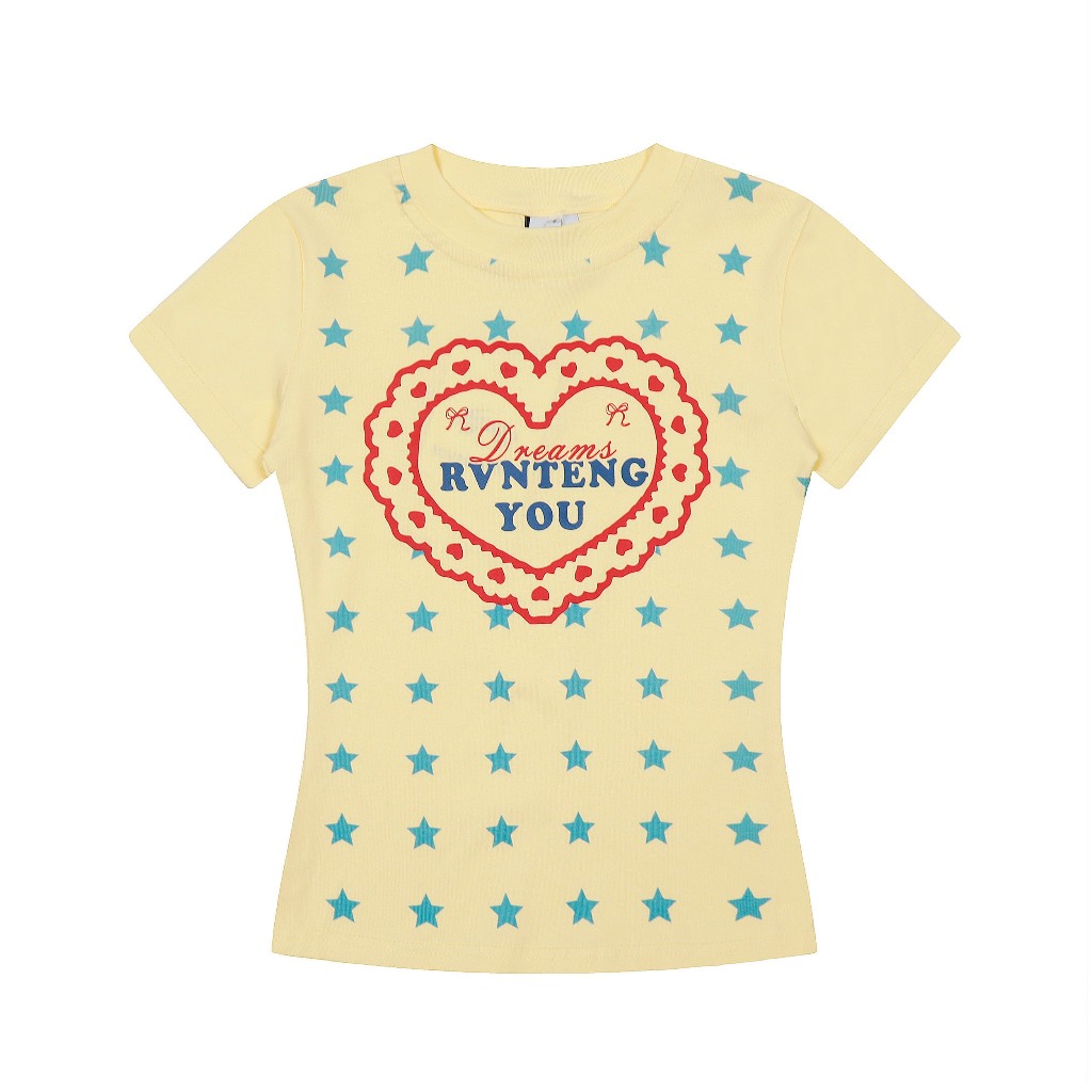 (sẵn)Áo thun baby tee màu trắng vàng bơ hoạ tiết trái tim đỏ ngôi sao xanh ABBT043 - Tiktik