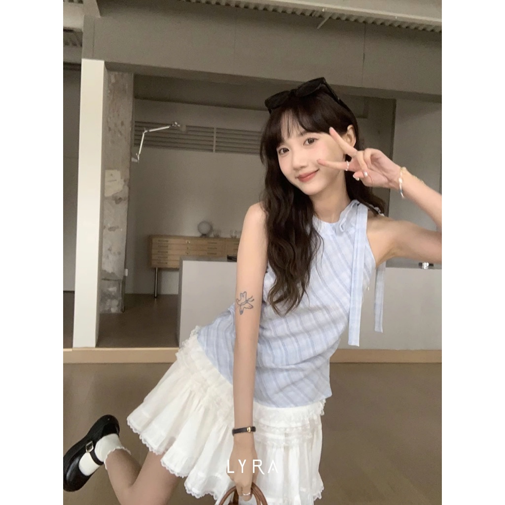 Ảnh LYRA - Áo Yếm Kẻ Cách Điệu Dây Nơ Viền Ren Nhún Eo Phong Cách Tiểu Thư Hàn Quốc - CSYAC0290 2