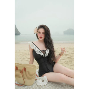 Đồ Bơi,Bikini Nữ Liền Thân Một Mảnh Đen Cổ V Viền Ren Trắng Thiết Kế
