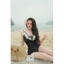 Đồ Bơi,Bikini Nữ Liền Thân Một Mảnh Đen Cổ V Viền Ren Trắng Thiết Kế