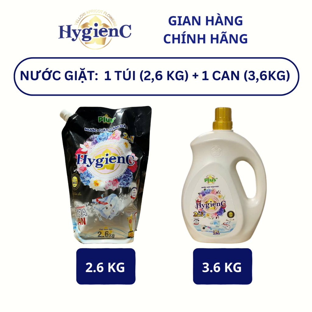 Combo 2: 1 Can Giặt 3,6kg + 1 Túi Giặt 2,6kg HygienC Plus Đậm Đặc Hương Nước Hoa