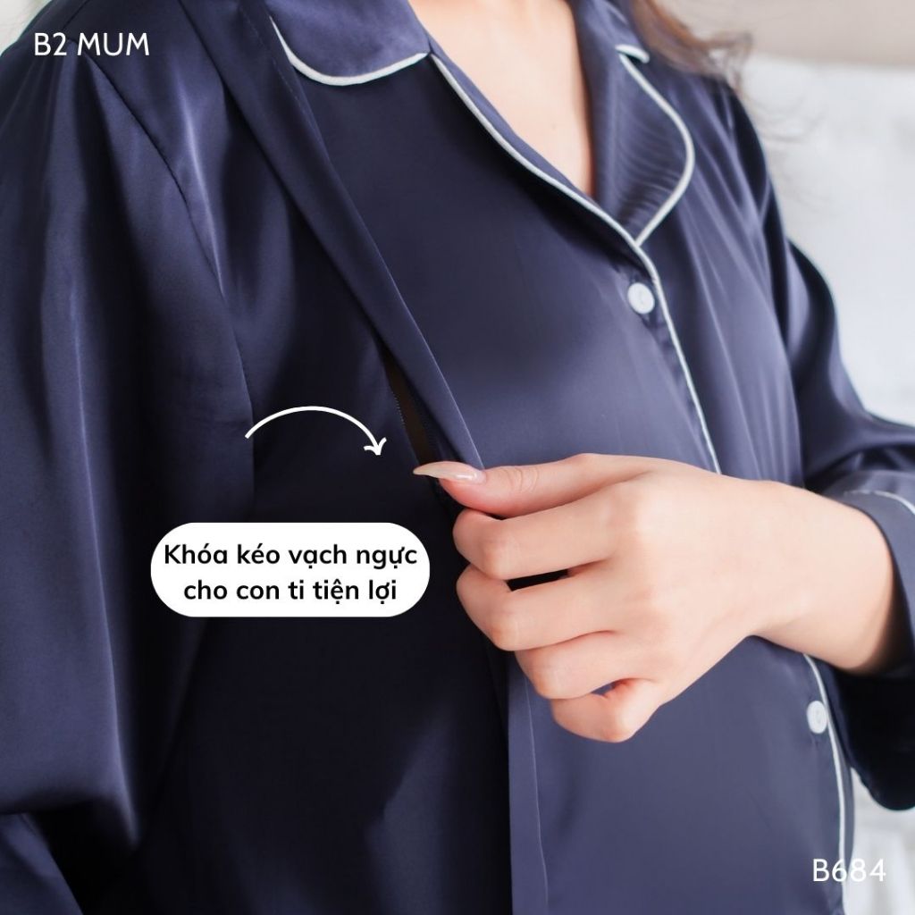 Bộ bầu pijama Chất lụa latin Pháp cao cấp mềm mại thấm hút mồ hôi B684 thiết kế by B2MUM