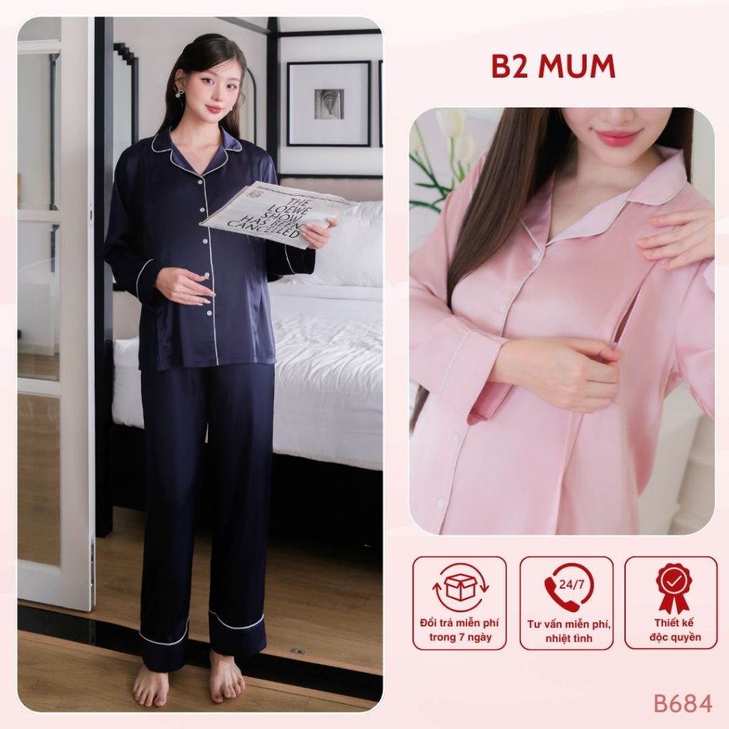 Bộ bầu pijama Chất lụa latin Pháp cao cấp mềm mại thấm hút mồ hôi B684 thiết kế by B2MUM