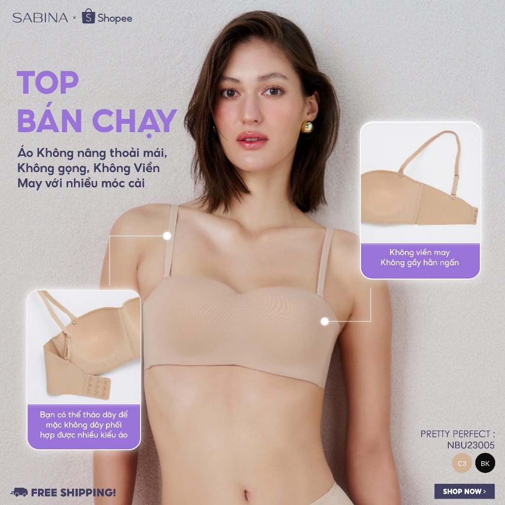 Ảnh Combo 2 Áo Lót Không Gọng Mút Mỏng Cup Ngang Dây Lưng Không Viền May Màu Trơn Pretty Perfect Sabina NBU23005 (SBXU8900) 1