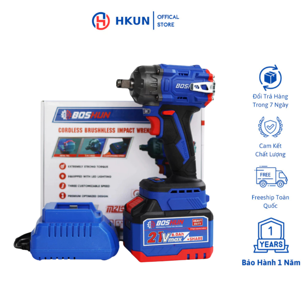 Máy Siết Bulong Pin BOSHUN BS-IW400N, 400Nm, Không Chổi Than, Đầu Bulong 2 in 1, Động Cơ Đồng