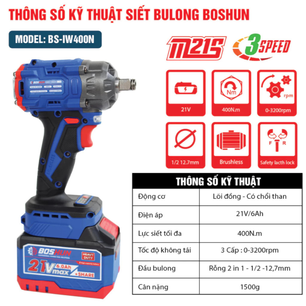 Máy Siết Bulong Pin BOSHUN BS-IW400N, 400Nm, Không Chổi Than, Đầu Bulong 2 in 1, Động Cơ Đồng