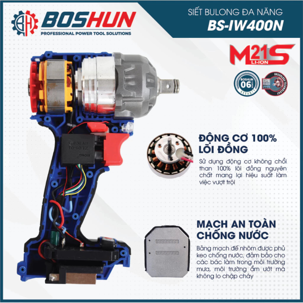 Máy Siết Bulong Pin BOSHUN BS-IW400N, 400Nm, Không Chổi Than, Đầu Bulong 2 in 1, Động Cơ Đồng