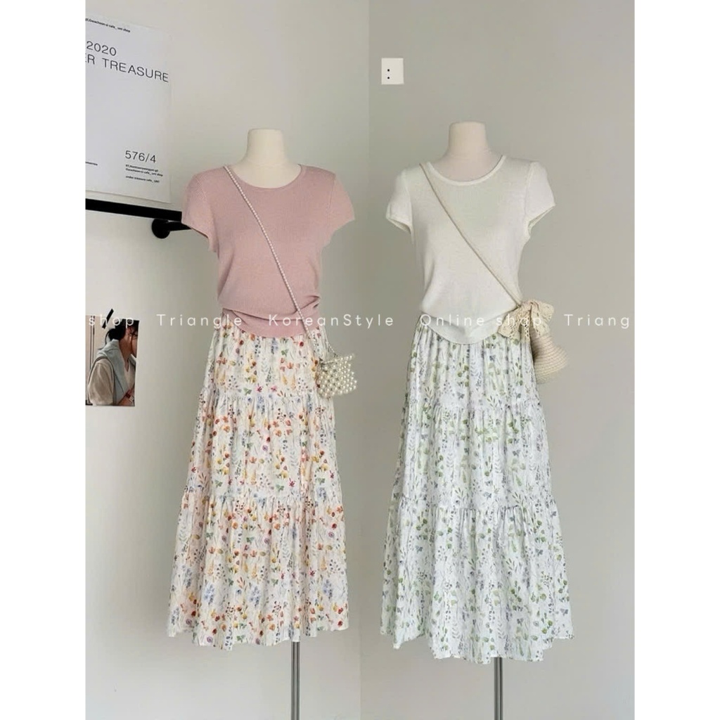 Triangle - Floral Set (Cân nhắc kỹ, return is not welcomed)- Set áo dệt mỏng mix chân váy dài hoa phong cách Hàn Quốc