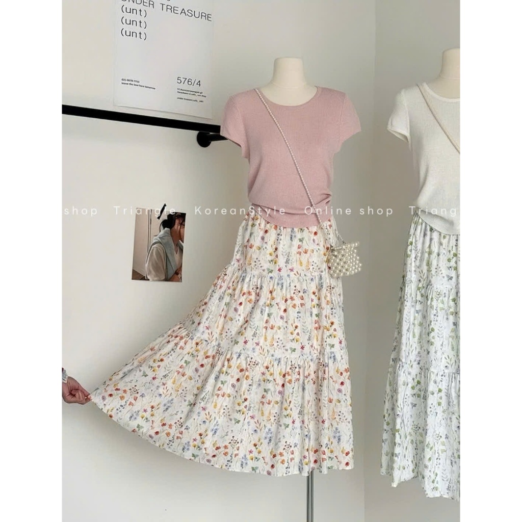 Triangle - Floral Set (Cân nhắc kỹ, return is not welcomed)- Set áo dệt mỏng mix chân váy dài hoa phong cách Hàn Quốc