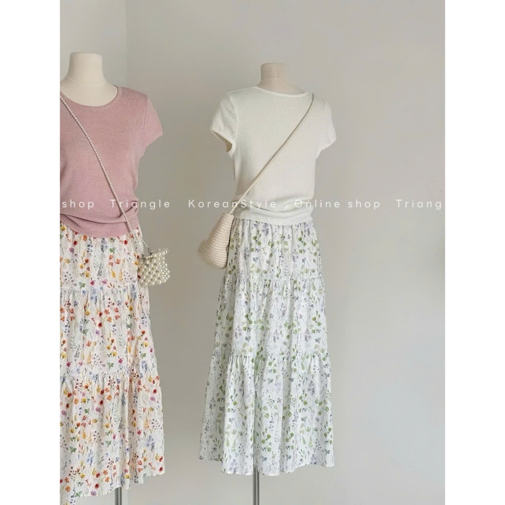 Triangle - Floral Set (Cân nhắc kỹ, return is not welcomed)- Set áo dệt mỏng mix chân váy dài hoa phong cách Hàn Quốc