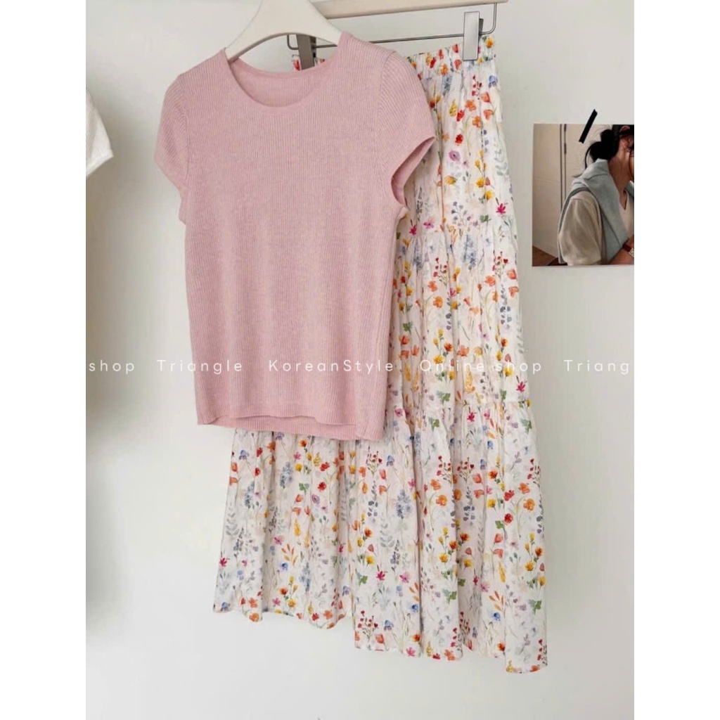 Triangle - Floral Set (Cân nhắc kỹ, return is not welcomed)- Set áo dệt mỏng mix chân váy dài hoa phong cách Hàn Quốc