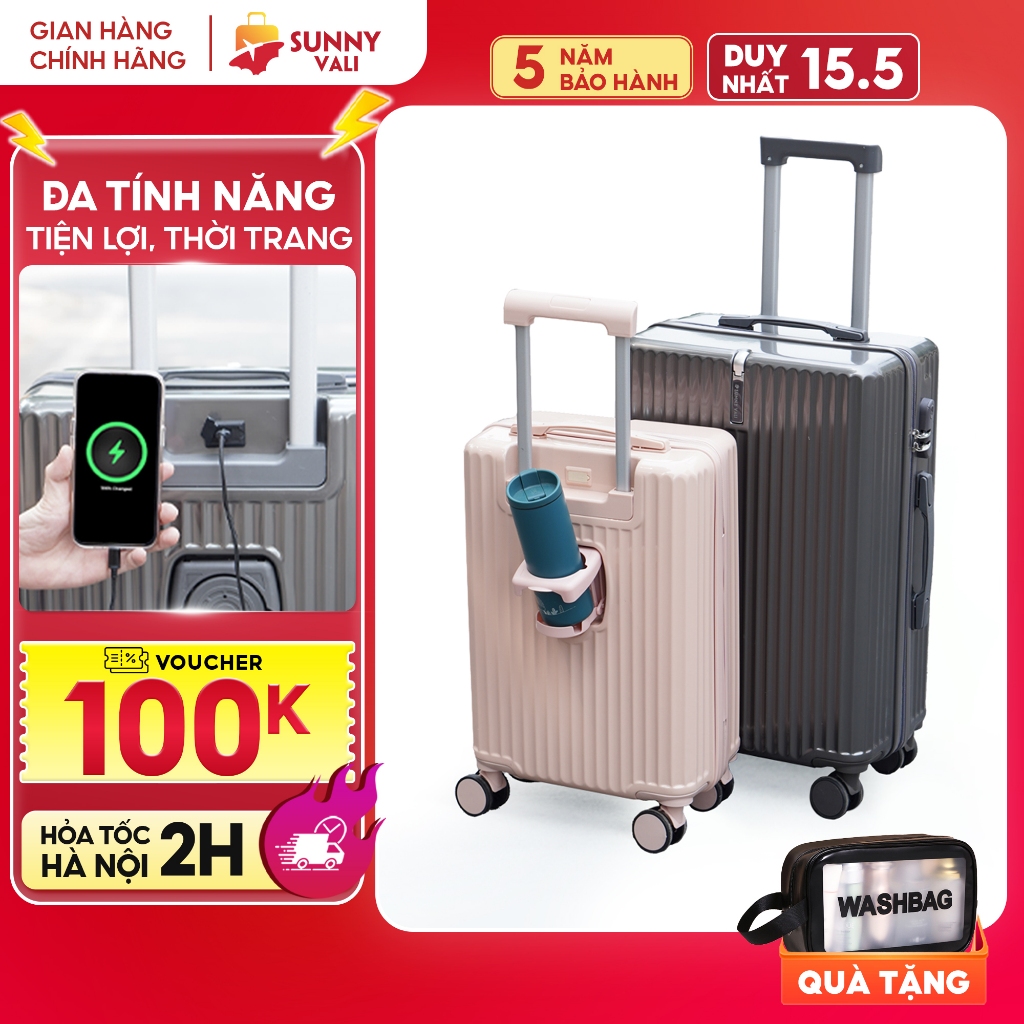 Ảnh Vali du lịch SUNNY-SV09 Plus, vali kéo size 20/24,tích hợp cổng sạc USB, khay đựng cốc, móc treo đồ 1