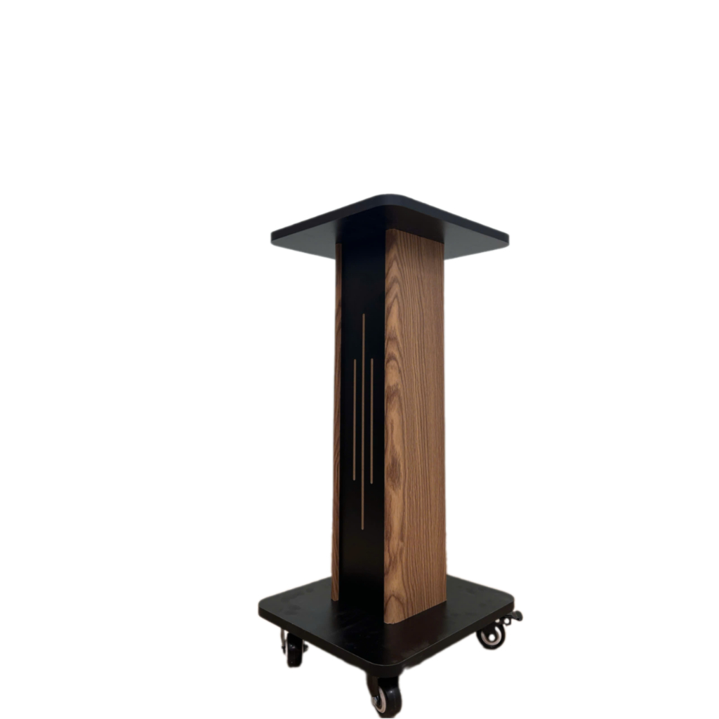 Chân loa gỗ thẳng có bánh xe di chuyển, di chuyển hay khóa bánh đều được, gỗ cao cấp, chịu tải đến hơn 60kg
