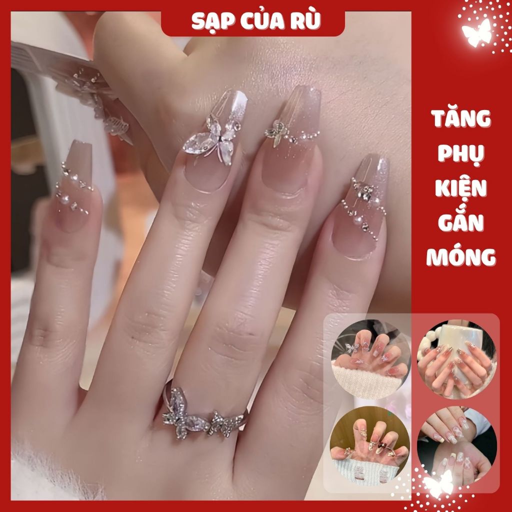 [ sale trung thu] Set 24 móng giả nhọn dài, móng đính đá dự tiệc Sạp Rù  (kèm bộ dụng cụ)
