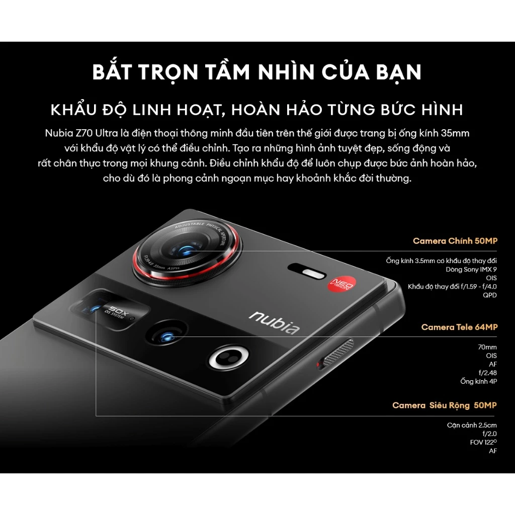 Điện Nubia Z70 Ultra I Chip Snapdragon 8 Elite I Màn AMOLED 144Hz I Camera cảm biến Sony I IP69 I Pi