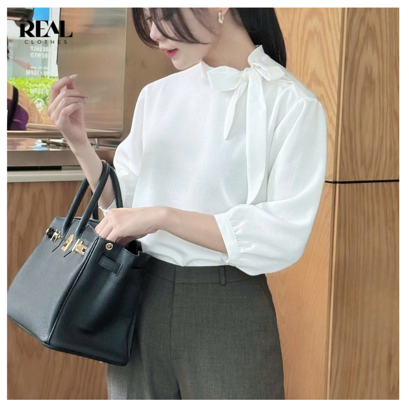 Áo kiểu Macy dáng suông, nơ lệch REAL CLOTHES (tổng hợp màu), vải linen pha lụa mát, ít nhăn