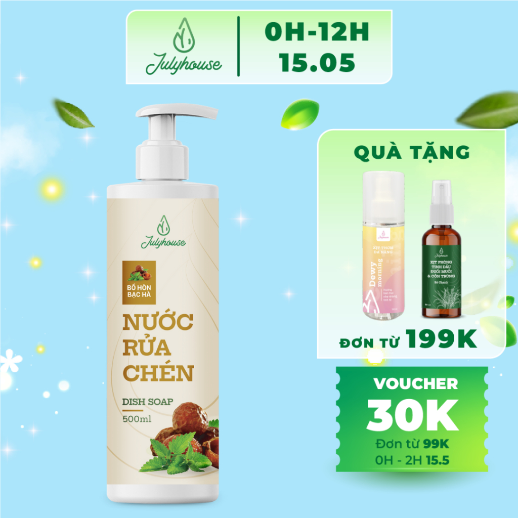 Ảnh Nước rửa chén Julyhouse 500ml hữu cơ chiết xuất từ Bồ Hòn và tinh dầu Bạc hà khử mùi, an toàn lành tính 1