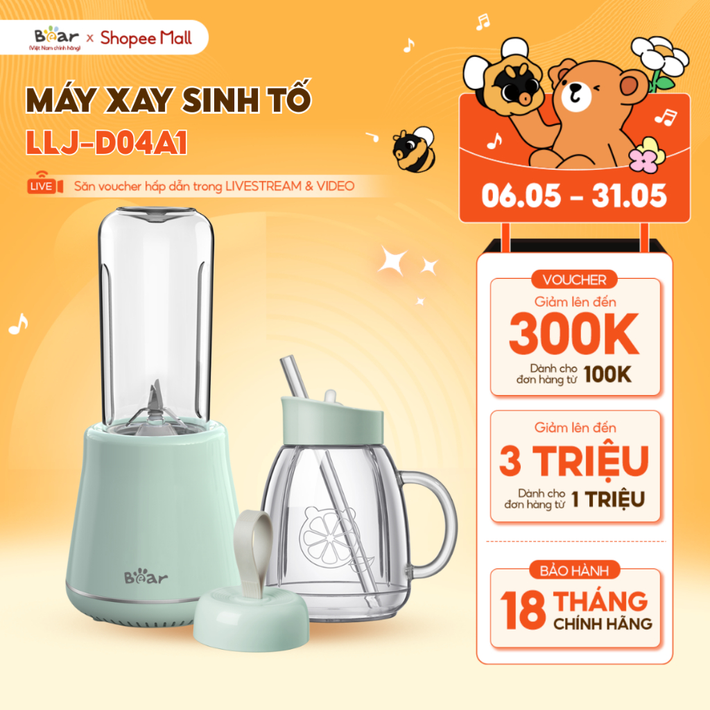 Ảnh Máy Xay Sinh Tố Cầm Tay Bear Dung Tích 600ml Máy Xay Sinh Tố Mini Cầm Tay Máy Say Sinh Tố 3 Cối Máy Say Hoa Quả  D04A1 1