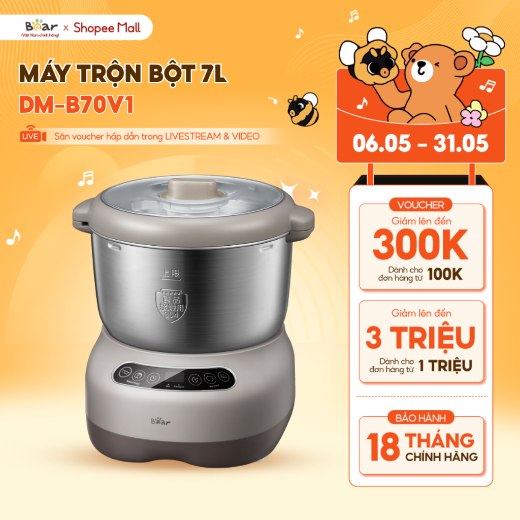 Ảnh Máy Nhào Bột Bear 7L Đa Năng Ủ Bột, Trộn Bột, Nhồi Bột Nhanh Công Suất Lớn Bảo Hành Chính Hãng 18 Tháng - DM-B70V1 1