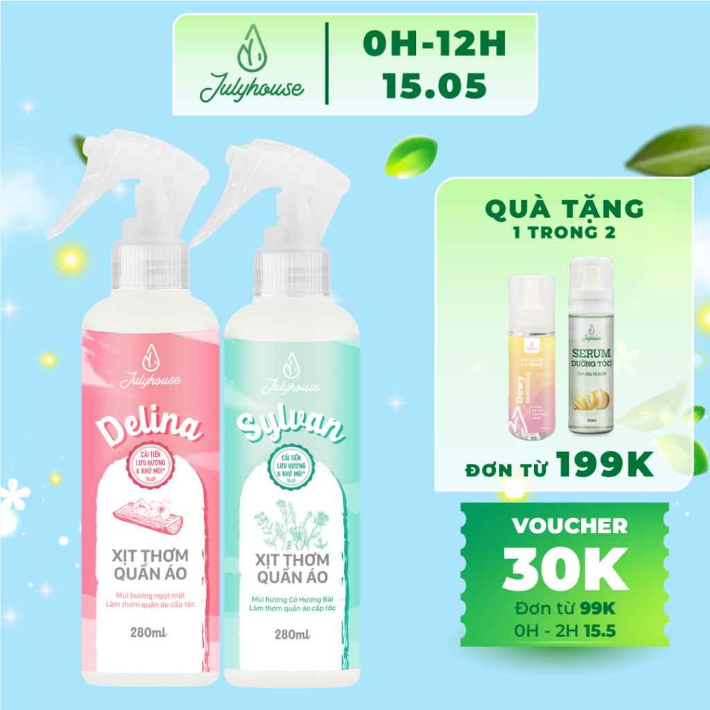 Ảnh Combo xịt thơm quần áo Julyhouse 20ml/280ml hương tinh dầu thiên nhiên ngọt ngào tươi mới 1