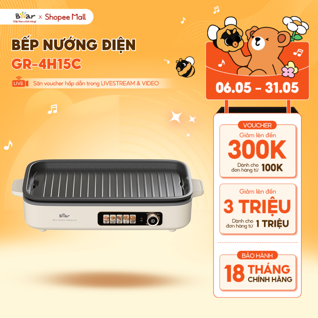 Ảnh Bếp Nướng Điện Không Khói Bear Đa Năng Chiên Xào Khay Nướng Hệ Thống Phát Nhiệt 5U Phân Bố Nhiệt Đồng Đều GR-4H15C 1