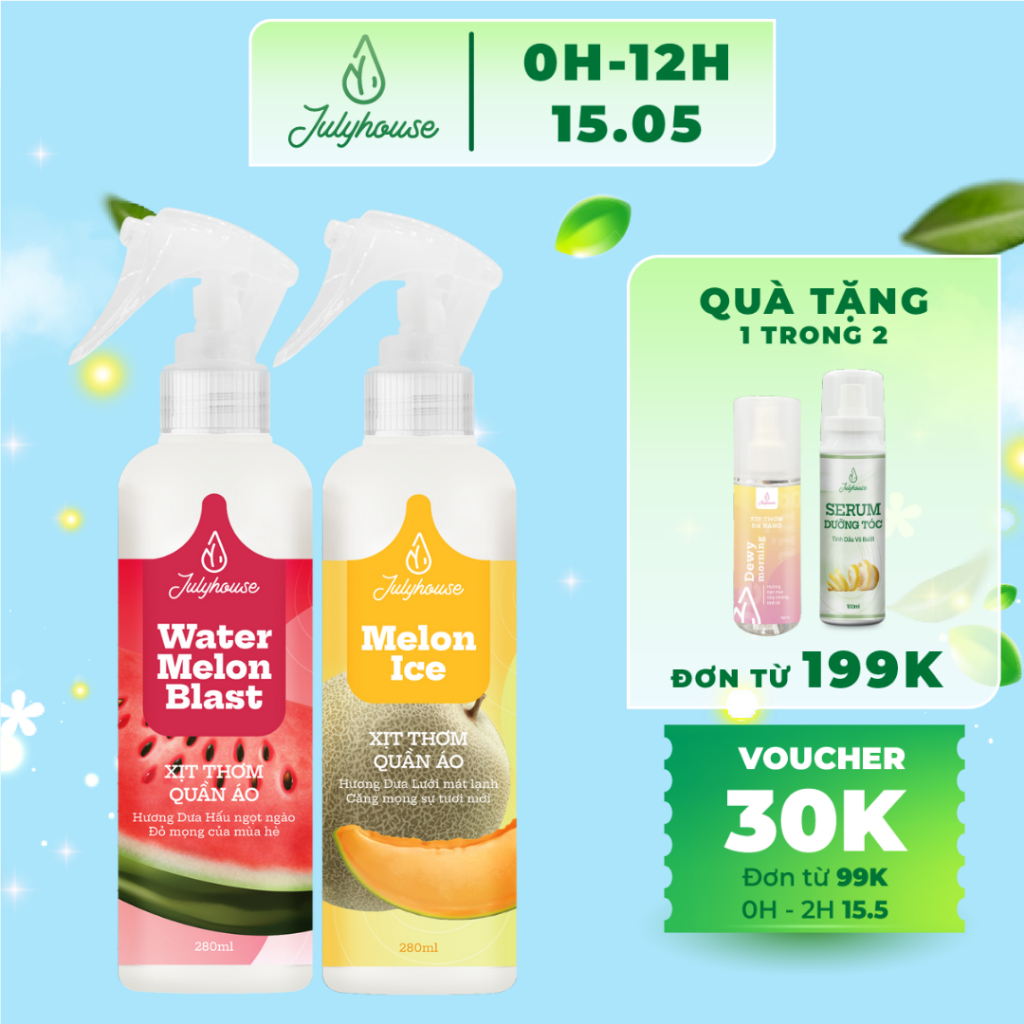 Ảnh Combo Xịt thơm quần áo Julyhouse hương trái cây tươi mát dưa hấu và dưa lưới 280ml 1