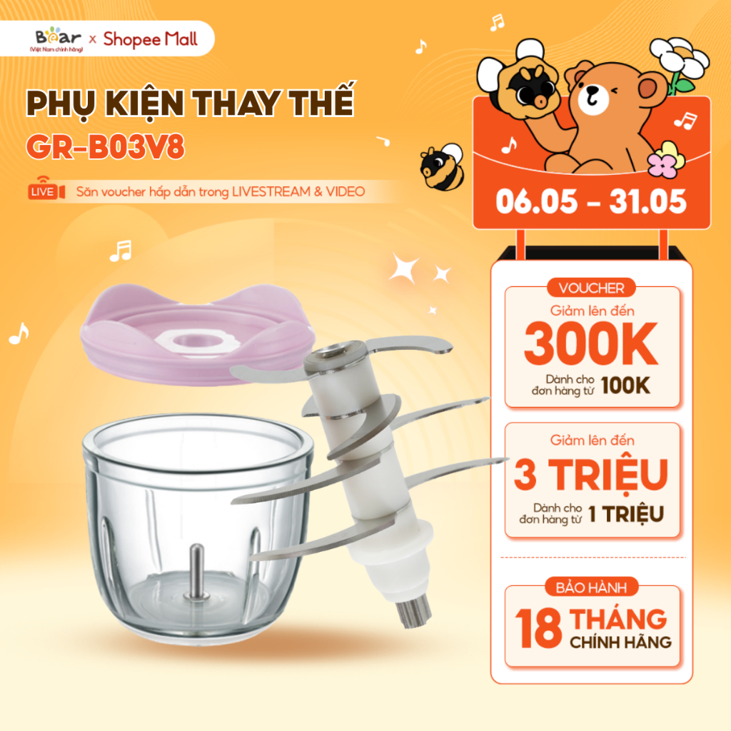 Ảnh Phụ Kiện Máy Xay Ăn Dặm B03V8 Bear Cối Xay & Nắp Lưỡi Dao 8 Lưỡi Xay Máy Xay Mini Cầm Tay Ăn Dặm Cho Bé 1