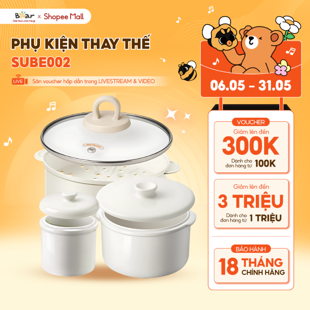 Ảnh Phụ Kiện Nồi Nấu Chậm SUBE002 Bear Thân Thố Sứ 0.5 1.6L Nắp Thố Sứ 0.5 1.6L Lồng Hấp Nắp Thủy Tinh Kem Hồng Nồi Nấu Chậm 1