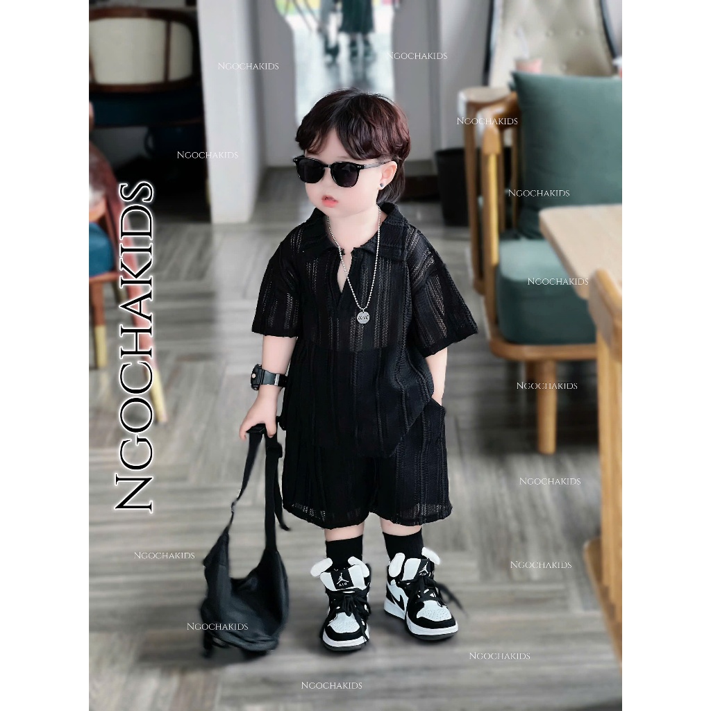 Bộ sơ mi chất dệt kim Cổ V cho bé đi biển,đi chơi chát thoáng mát nhẹ nhàng phong cách Hàn mùa hè cho bé size
