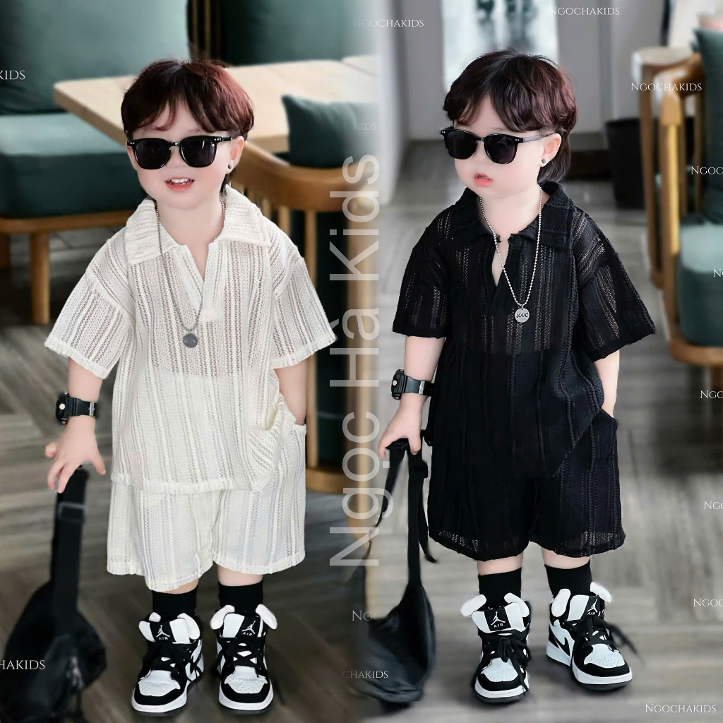 Bộ sơ mi chất dệt kim Cổ V cho bé đi biển,đi chơi chát thoáng mát nhẹ nhàng phong cách Hàn mùa hè cho bé size