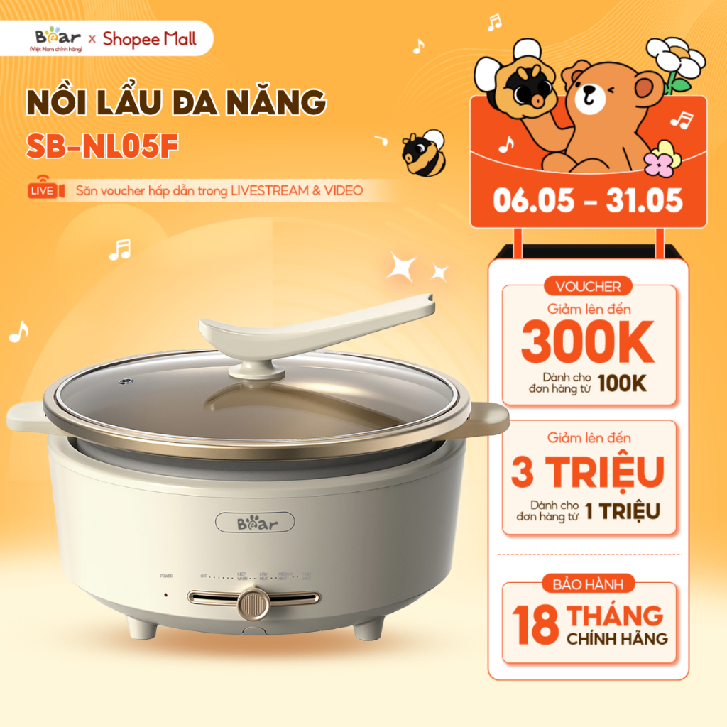 Ảnh Nồi Lẩu Điện Đa Năng 5L Bear Chiên Xào Nấu Đế Tách Rời Sôi Nhanh Tiết Kiệm Điện Nhiệt Tỏa Đều Siêu Chống Dính NL05F 1