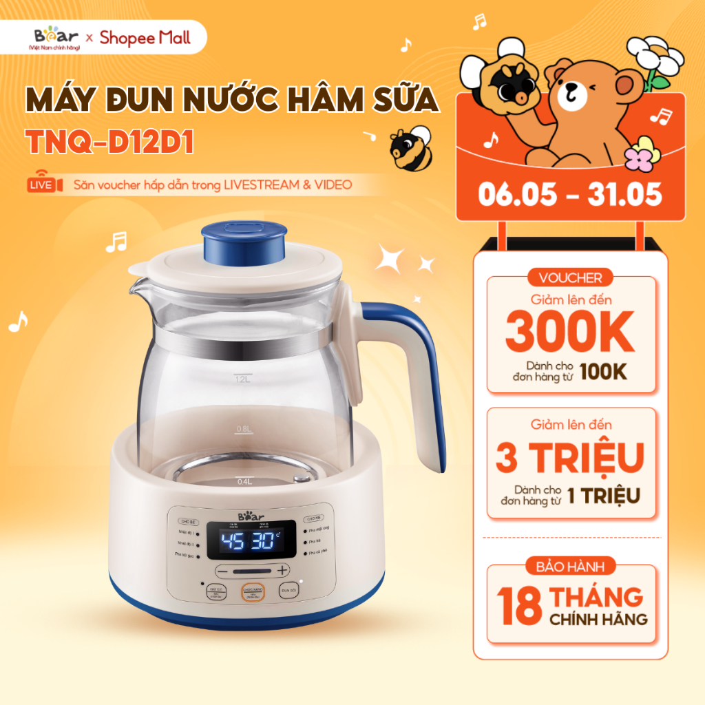 Ảnh Máy Đun Nước Đa Năng Bear Hâm Sữa Thông Minh Khử Clo Pha Sữa An Toàn Cho Bé Bản Tiếng Việt Dễ Dàng Sử Dụng TNQ-D12D1 1