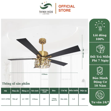 Quạt Trần Đèn Decor Thịnh Hoa, Quạt Trần Đèn Chùm Cánh Gỗ Sang Trọng, Có Chế Độ Đảo Chiều, BH 10 Năm