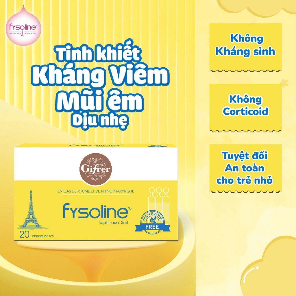 (Date T4.2027) Nước Muối Sinh Lý Kháng Khuẩn Pháp FYSOLINE Hỗ Trợ Giảm Viêm Mũi Hộp 20 Ống x 5ml