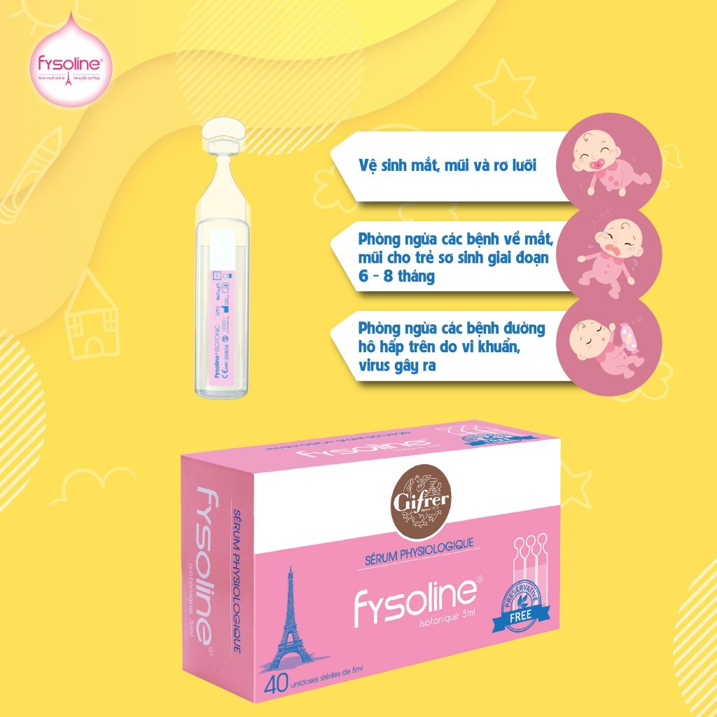 (Date T5.2027)Nước muối sinh lý cho bé Fysoline Pháp vệ sinh mắt, mũi, miệng hàng ngày trẻ em hộp 40 ống x 5ml