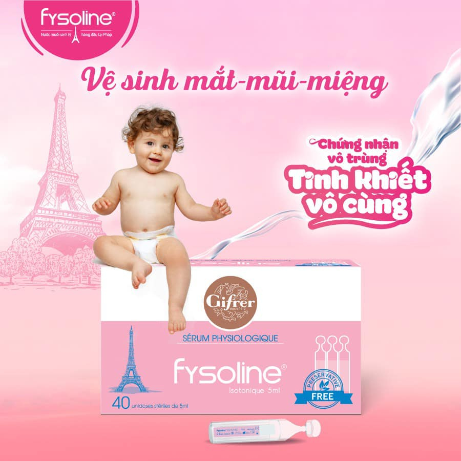 (Date T5.2027)Nước muối sinh lý cho bé Fysoline Pháp vệ sinh mắt, mũi, miệng hàng ngày trẻ em hộp 40 ống x 5ml