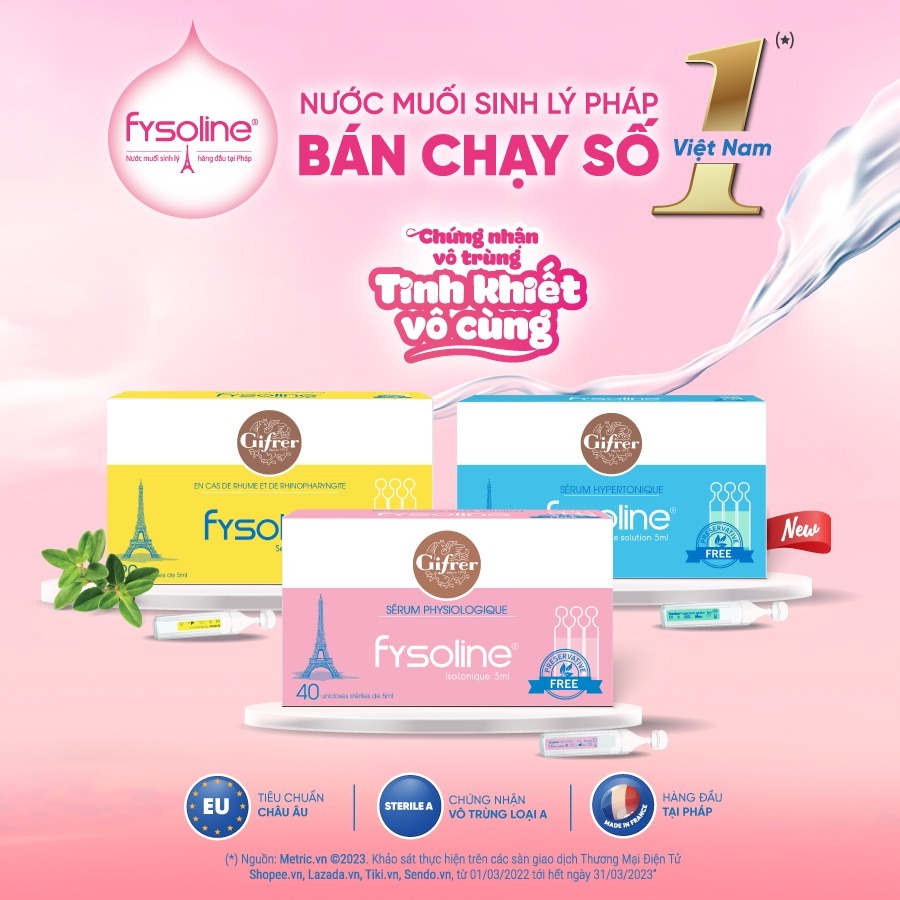 Nước muối ưu trương Fysoline hộp 20 ống 5ml dạng nhỏ hỗ trợ giảm nghẹt mũi cho bé