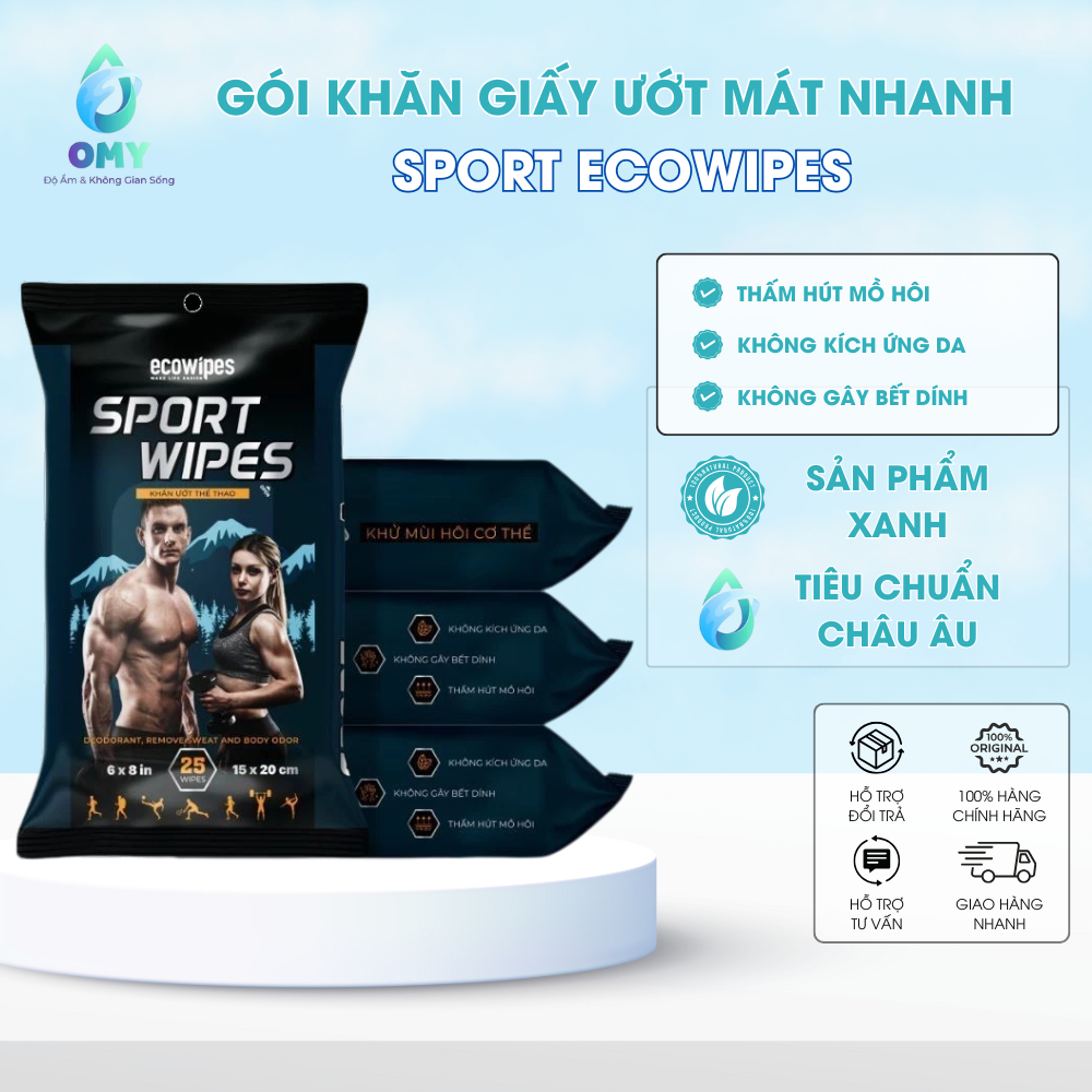 Gói khăn giấy ướt làm mát nhanh diệt khuẩn Sport EcoWipes gói 25 tờ hương bạc hà mát lạnh tỉnh táo