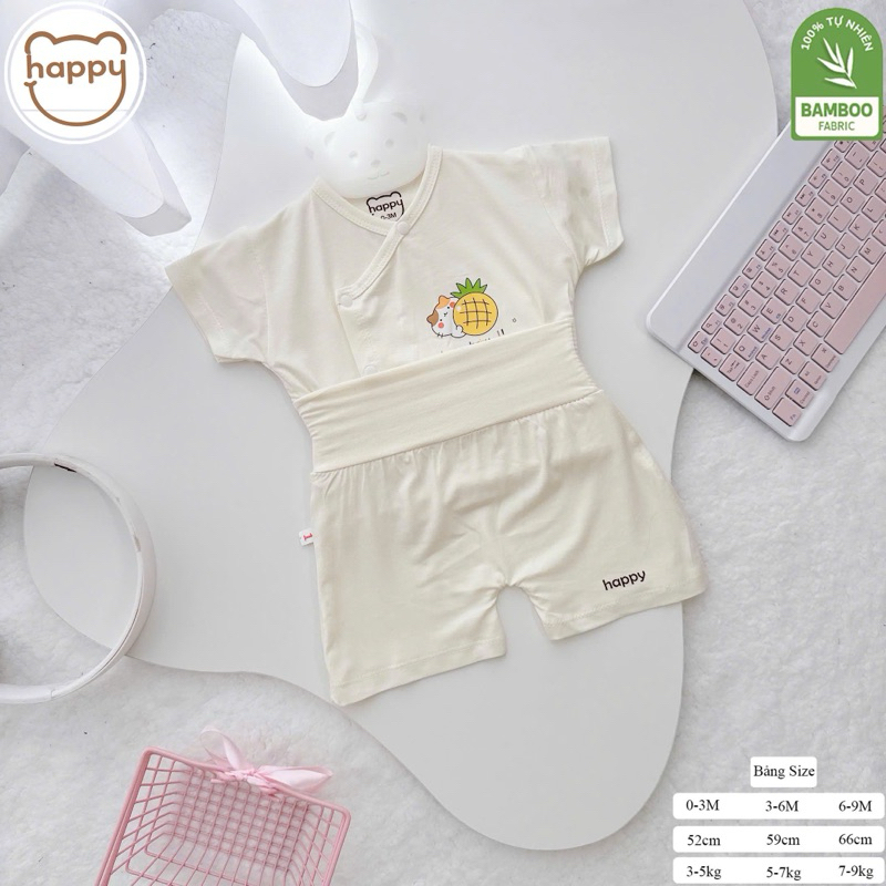 (LPCT 16) (FORM NHỎ) Combo 2-3-5 Bộ quần áo cộc Happy Kids màu kem chất petit quần cạp cao cho bé 0-9m (2.8-8kg)