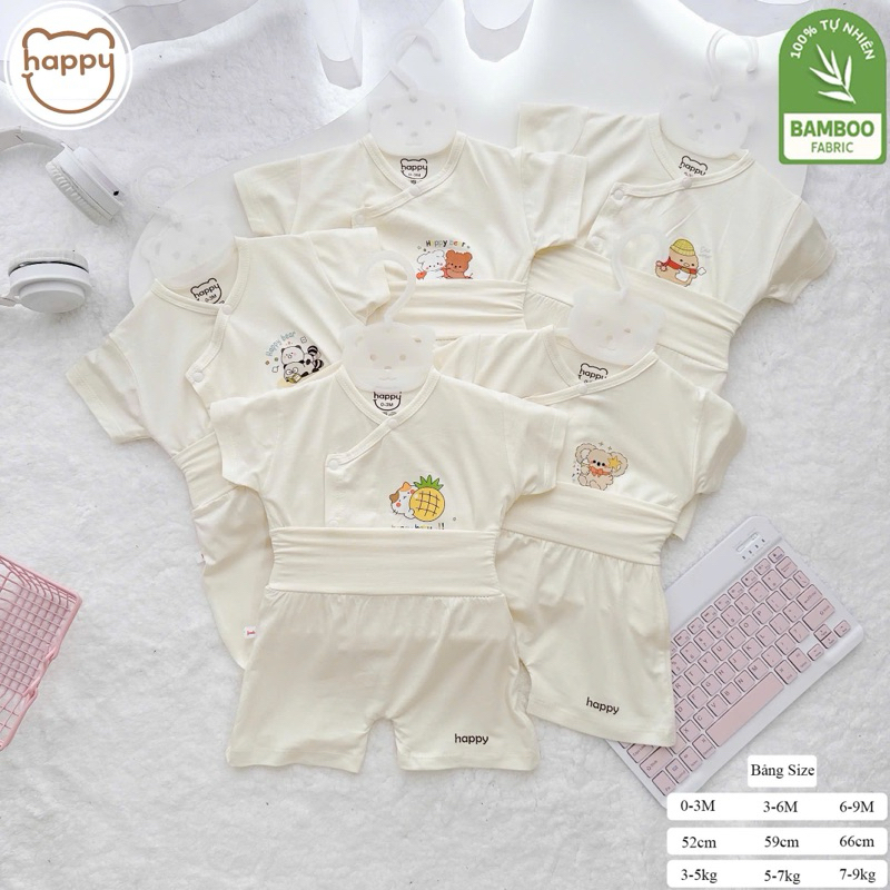 (LPCT 16) (FORM NHỎ) Combo 2-3-5 Bộ quần áo cộc Happy Kids màu kem chất petit quần cạp cao cho bé 0-9m (2.8-8kg)