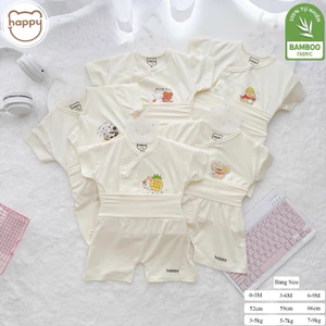 Combo 2-3-5 Bộ quần áo cộc Happy Kids màu kem chất petit quần cạp cao cho bé 0-9m (2.8-8kg)