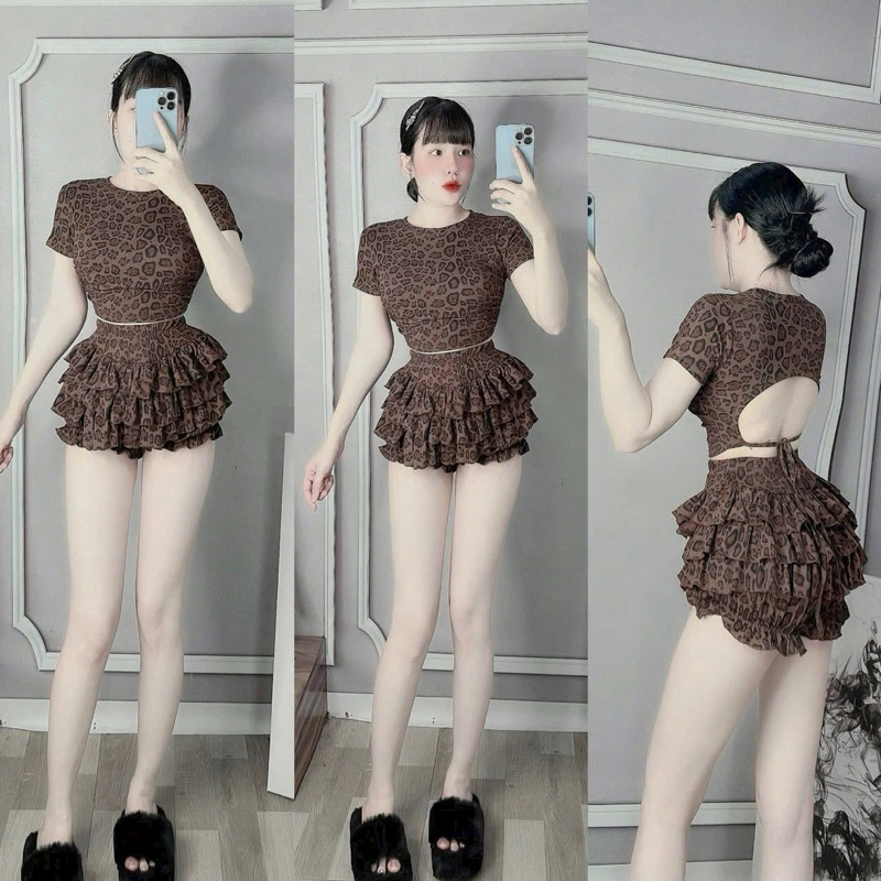 L732- Sét bộ đồ họa tiết beo chất thun tăm áo croptop kèm quần ngắn tầng (38-55kg)