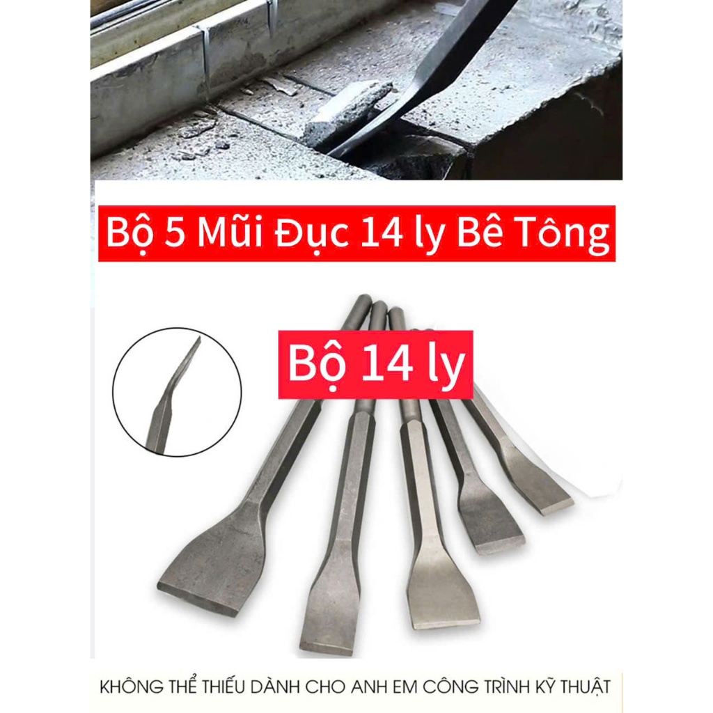 Một bộ đầu đục bê tông  5 mũi 14 ly cho tất cả công trình xây dựng