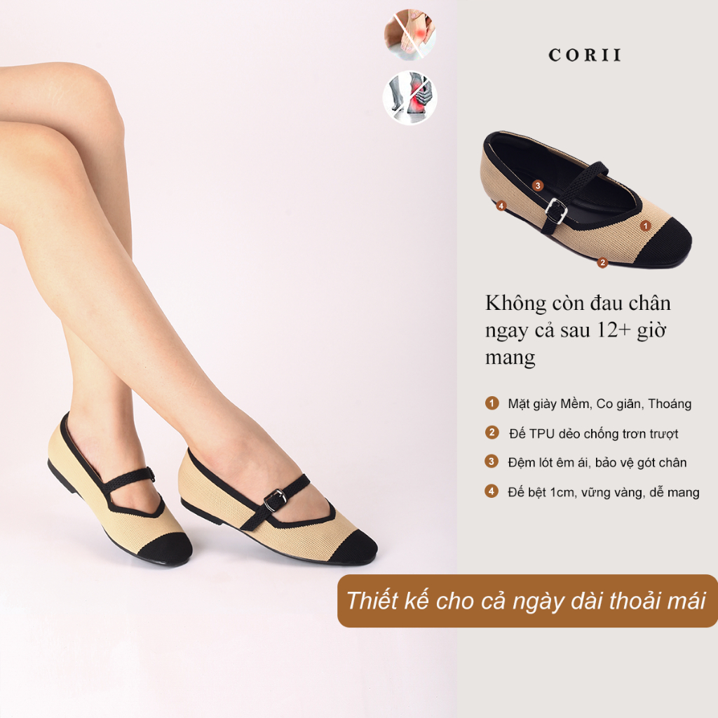 CORII - Giày Búp Bê Mũi Vuông Mary Jane Thời Trang và Thoải Mái Nhất - CR1MJS2 Kem Đen